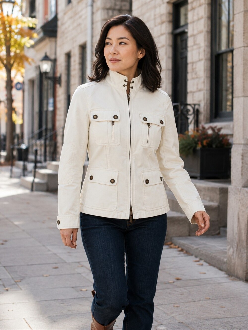 Lauren Jeans Co Ralph Lauren Cream Denim Utility Moto Jacket L Vintage Y2K